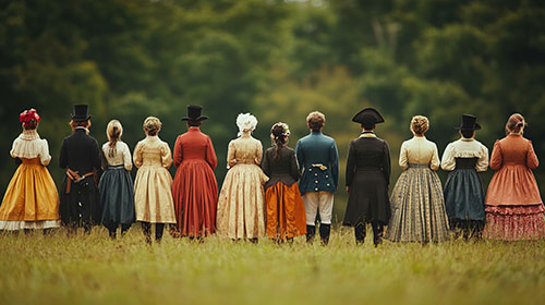 A rear view of American citizens dressed in Colonial clothing