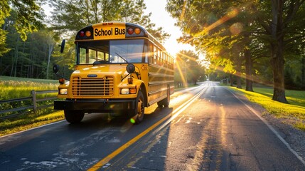 School Bus driving on the road in the early morning sunshine