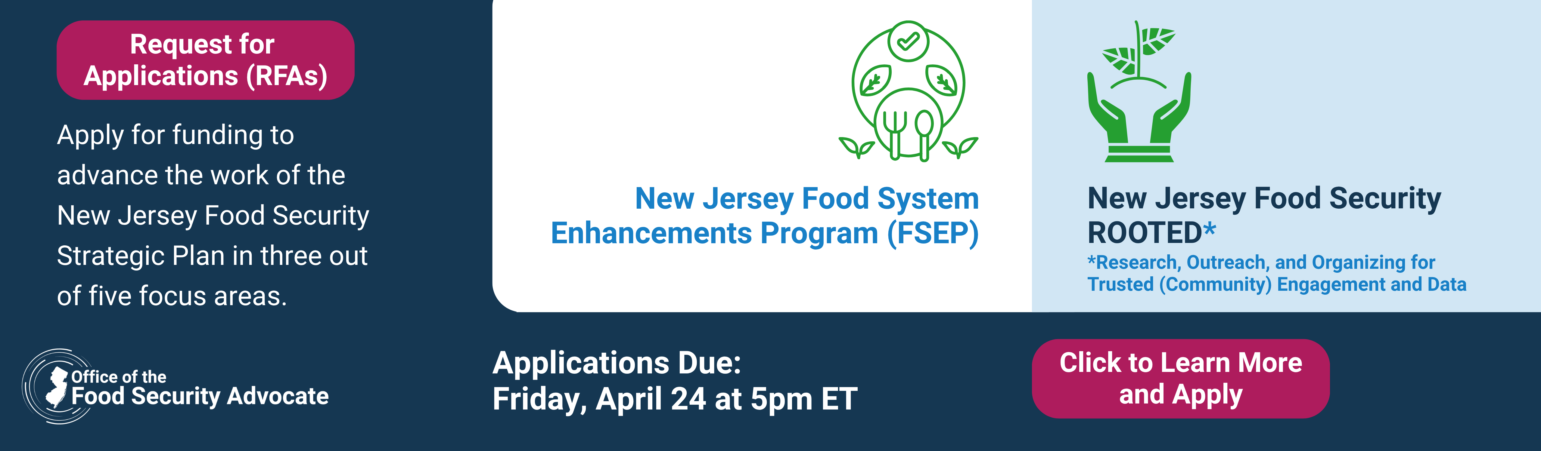 Graphic: Request for Applications (RFAs) Apply for funding to advance the work of the NJ Food Security Strategic Plan