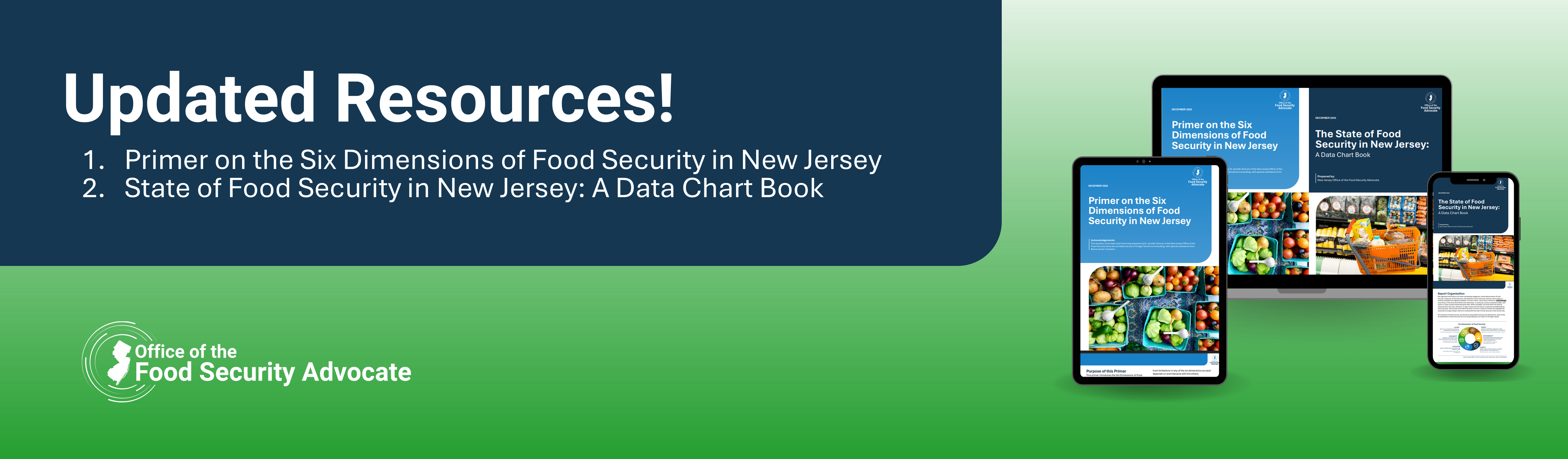 Graphic: Updated Resources. Primer on the Six Dimensions of Food Security in NJ and State of Food Security in NJ: A Data Chart Book
