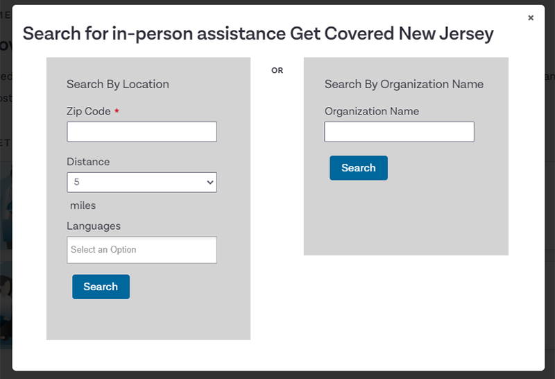 Screenshot showing how to Search for in-person assistance Get Covered New Jersey