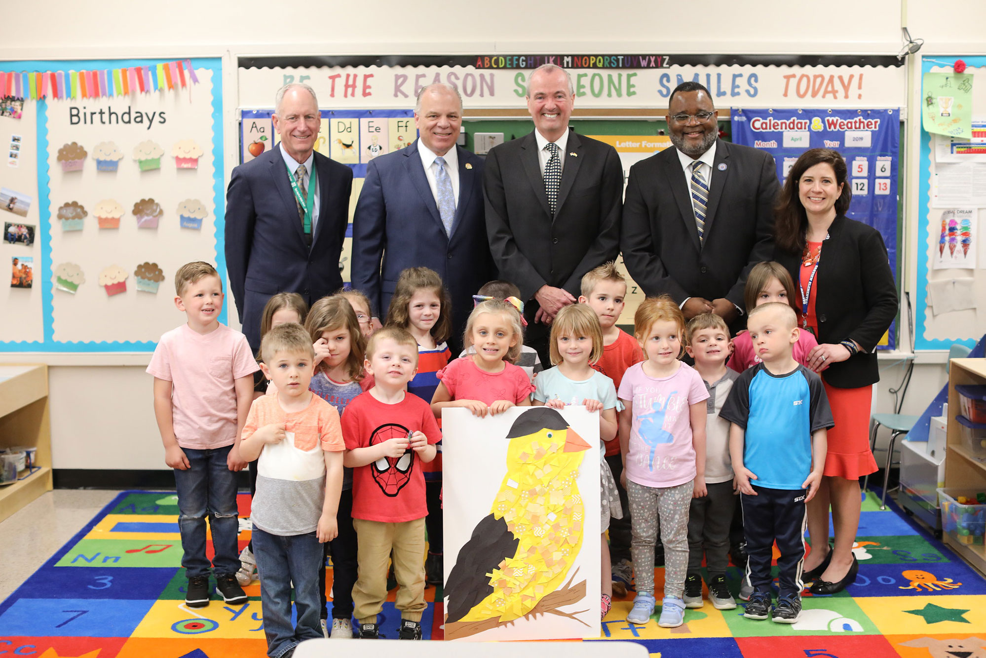 Governor Phil Murphy, Senate President Steve Sweeney, and Department of Education Commissioner Lamont Repollet at Oakview Elementary School