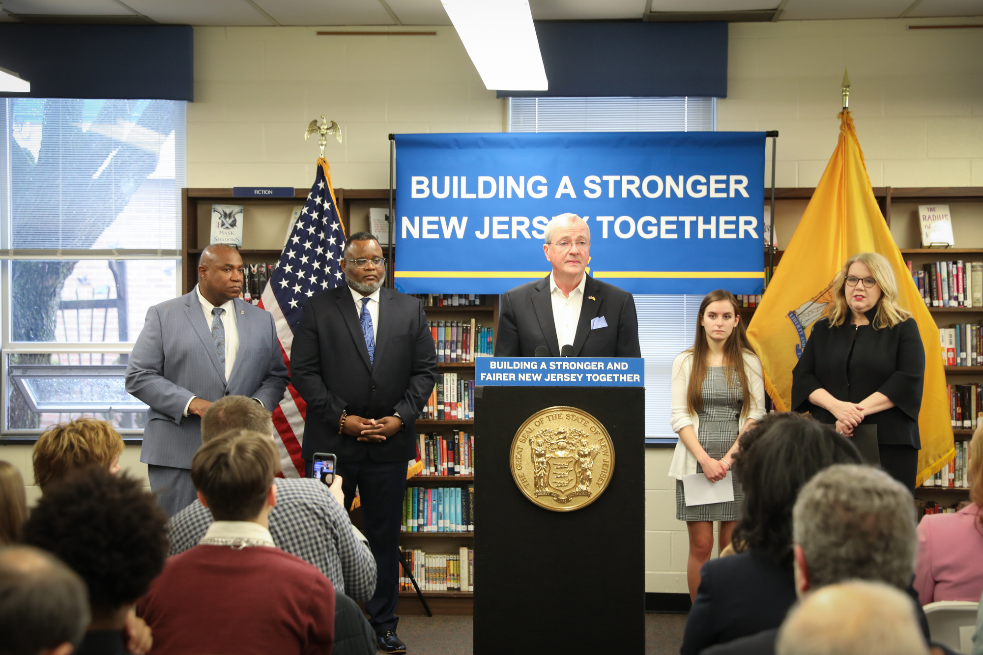 photo contains: Governor Phil Murphy speking in Maple Shade NJ