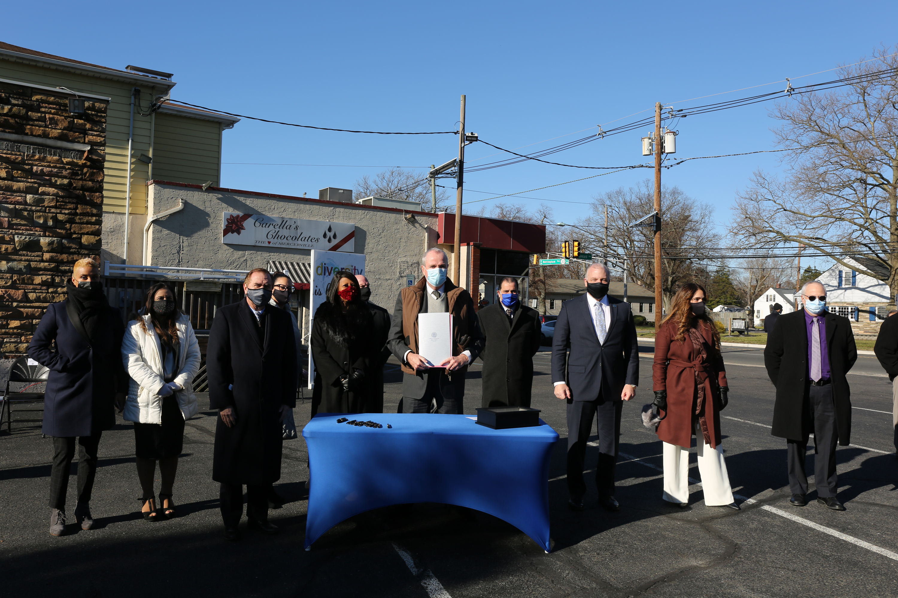 photo contains: Governor Phil Murphy , Lt. Governor Sheila Oliver, NJEDA Chief Executive Officer Tim Sullivan