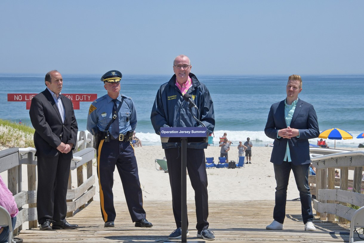 hoto:GovernorMurphy speakin, jersey shore in the background