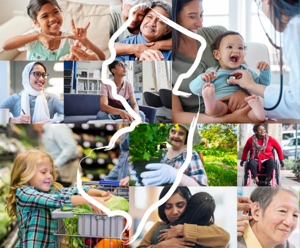 A collage of images where children and adults smiling, hugging, etc