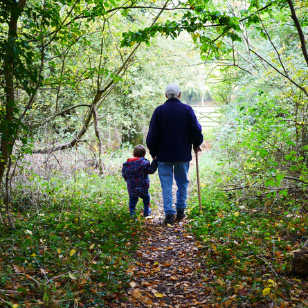 A grandfather walking along a trail with his grandson.