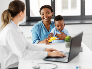 A mother and her son consulting with a health care provider