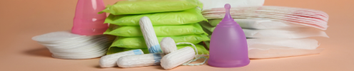 Period products including tampons, pads, and menstrual cups.