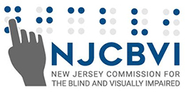 NJCBVI Dark blue Braille cells that depict NJCBVI, with a gray hand hovering over the letter "N" with the finger pointed to read; to the right and directly under the Braille cells is NJCBVI in large, bold, blue block letters under which in all caps is New Jersey Commission for the Blind and Visually Impaired in gray letters.
