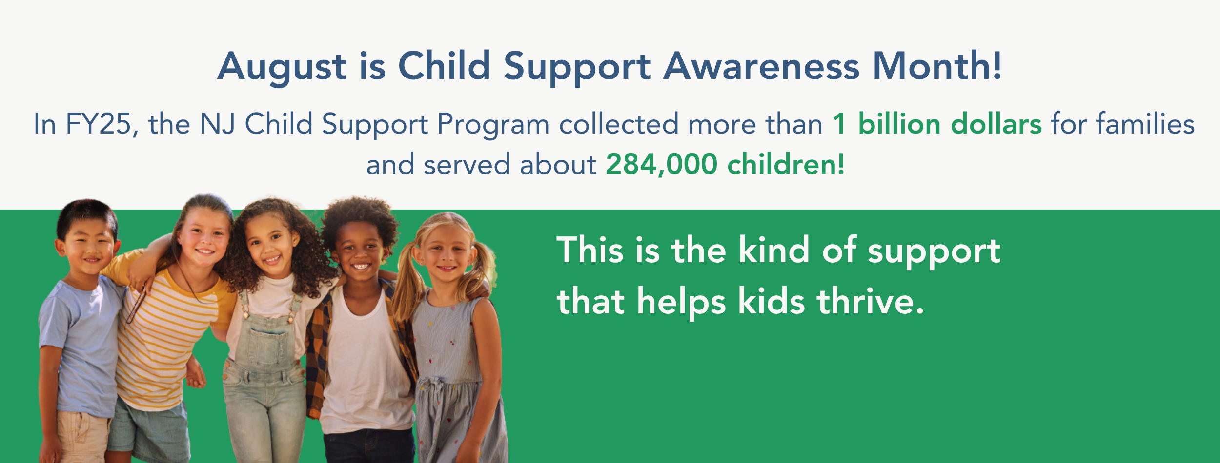 Five children, 3 girls, 2 boys, of mixed race on white and green background August is Child Support Awareness Month