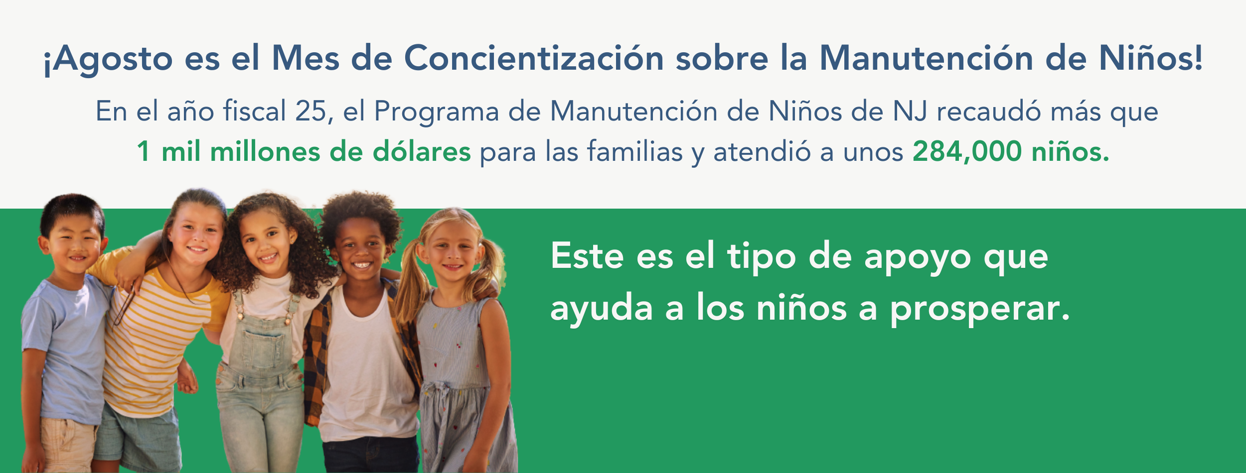 Five children, 3 girls, 2 boys, of mixed race on white and green background August is Child Support Awareness Month