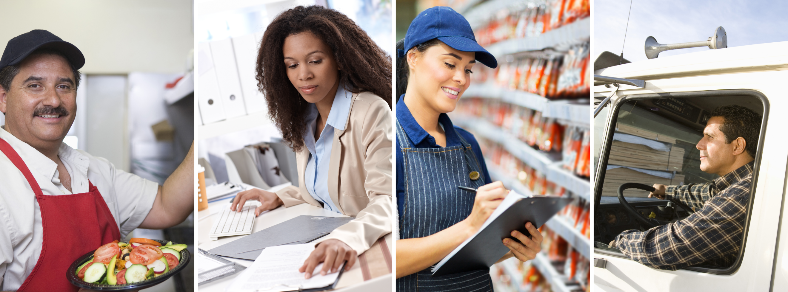 image: four people working at various jobs serving food, in an office, at a store and driving a truck