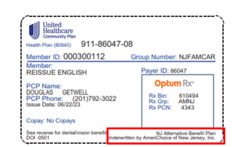 The red box is located at the very bottom of the card, stretching horizontally across the right half of the card’s lower edge. It highlights a sentence that reads “NJ Alternative Benefit Plan, Underwritten by AmeriChoice of New Jersey, Inc.”