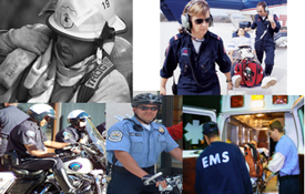 Collage image with policemen, firefighters, EMS