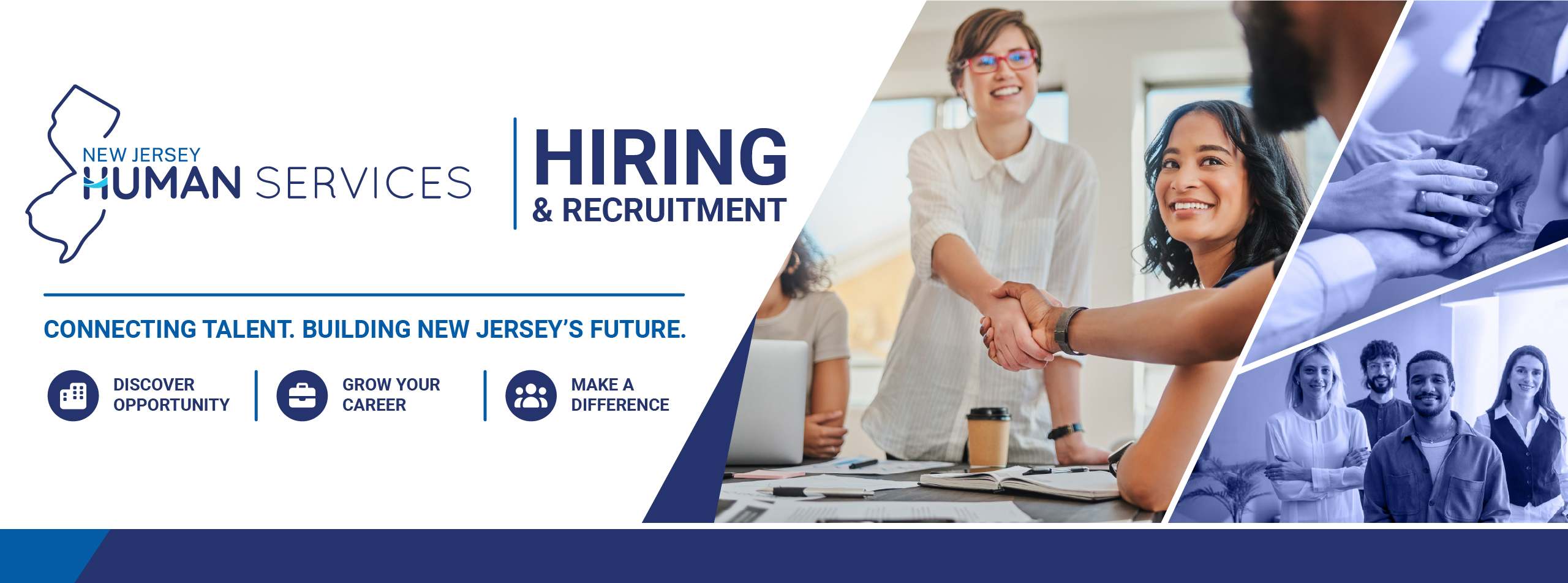 DHS Hiring Banner with lady shaking man's hand and other people smiling.