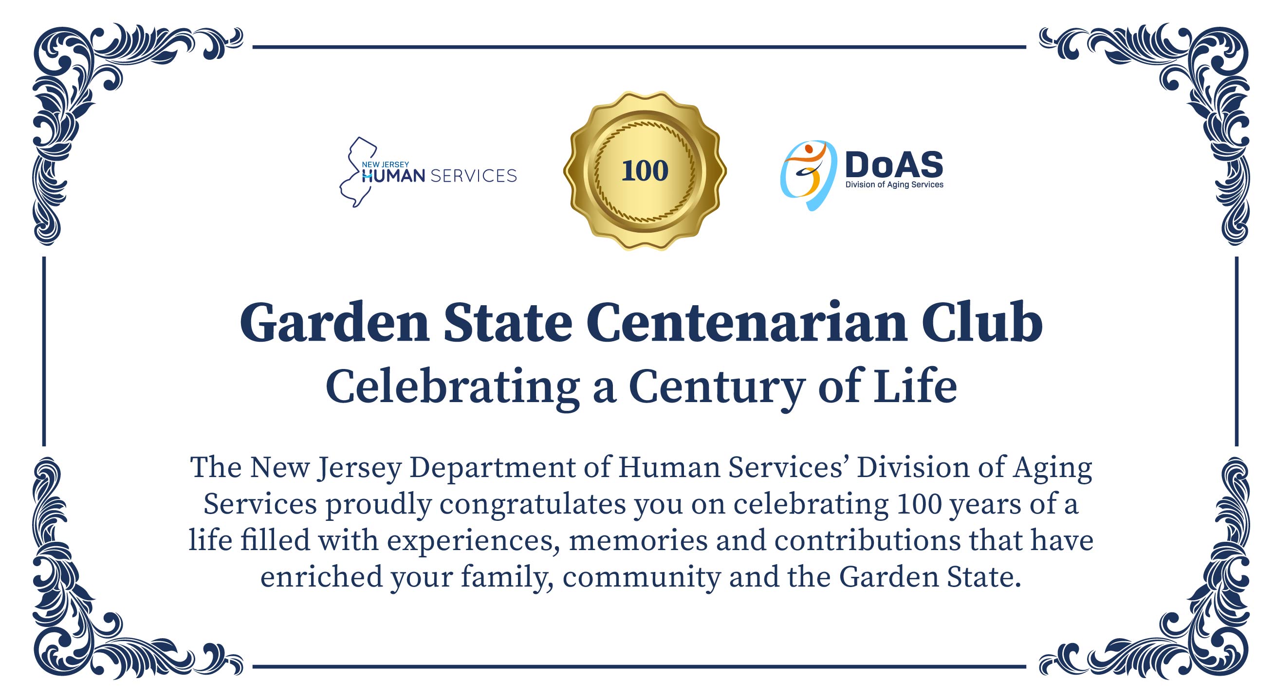 DHS Launches Centenarian Club to Celebrate New Jerseyans Who Have Reached 100th Birthday Milestone.