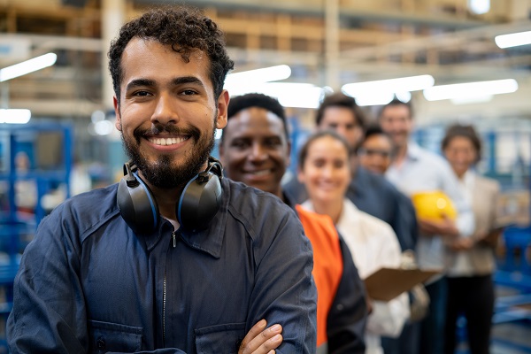 Worker and team at a factory standing in a row smiling with arms crossed