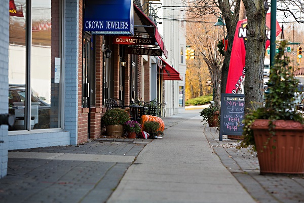 Shot of businesses on main street in small town