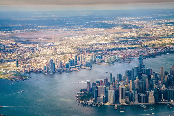 Aerial view of New York City, New Jersey, and the Hudson River
