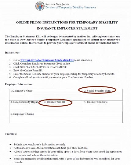 screenshot of the employer TDI filing screen