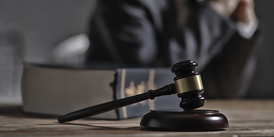 Gavel and law book in front of lawyer