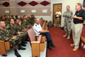 Acting Governor Richard J. Codey (right) and Maj. Gen. Glenn K. Rieth address New Jersey National Guard members prior to deployment to New Orleans in support of Hurricane Katrina relief efforts. Photo by Tech. Sgt. Mark Olsen, NJDMAVA/PA.
