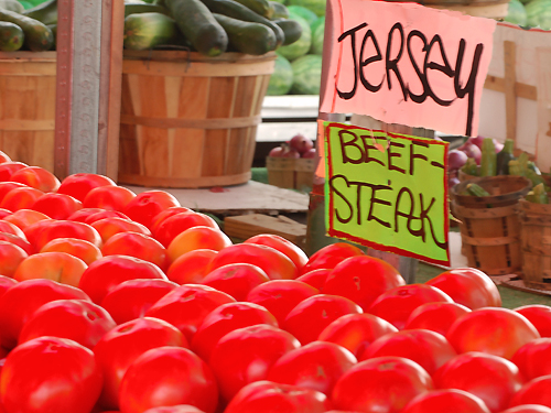 Jersey Fresh Beef Steak tomatoes on display at a roadside market in Burlington County