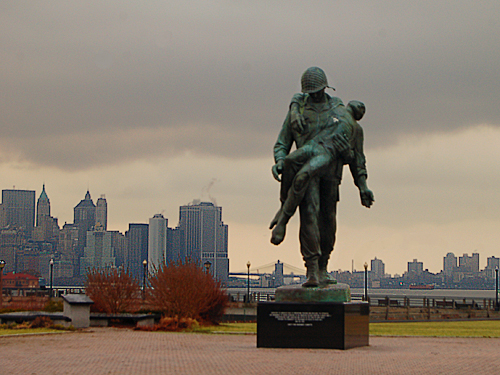 Statue of a WW II GI carrying a concentration camp survivor at Liberty State Park, Jersey City