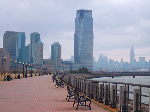 The Jersey City skyline as seen from Liberty Walk along the Hudson River.