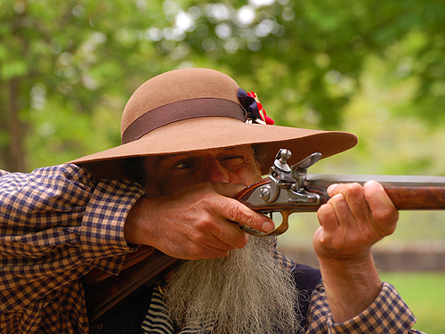 Firing a flintlock during a living history demonstration, Worthington State Forest, Columbia