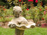 A sculpted bird bath in the rose garden