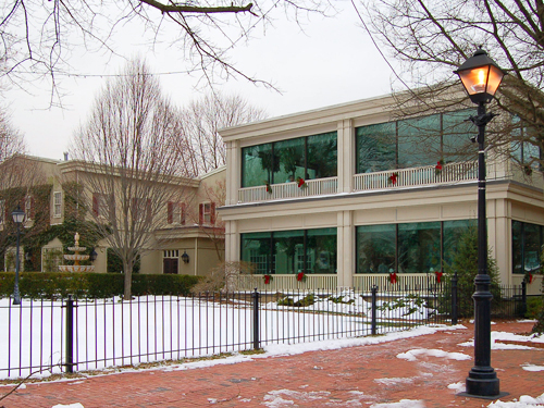 The snow covered courtyard at the Cafe Gallery on High Street, Burlington