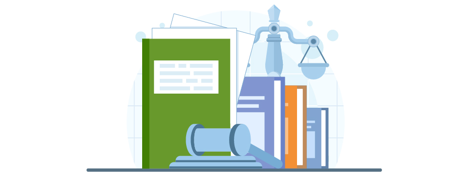 illustration of books, gavel and justice scales