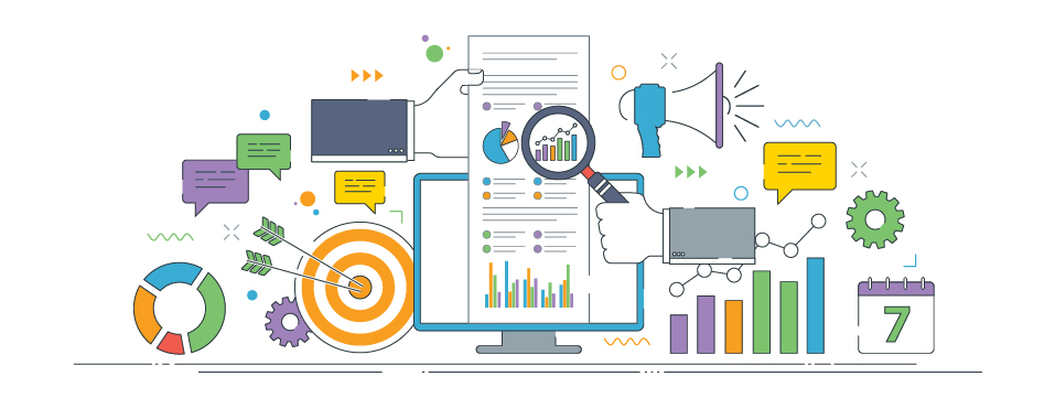  collage of charts computer hands megaphone chat bubbles