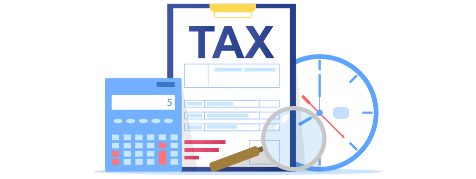 Illustration of tax form with a clock and a calculator