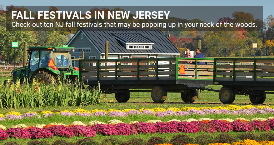 Image showing a farm in the fall with flowers for picking and a tractor pulling two people. Text reads FALL FESTIVALS IN NEW JERSEY Check out ten NJ fall festivals that may be popping up in your neck of the woods.