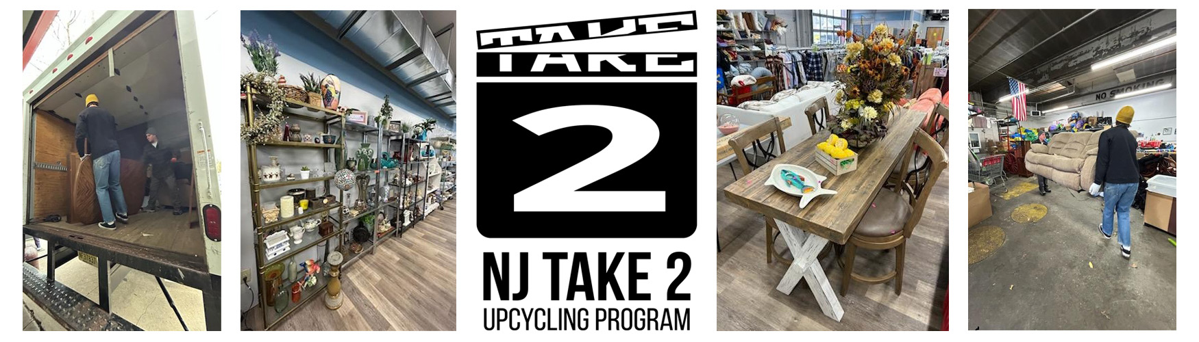 NJ Film logo with photos of donated goods