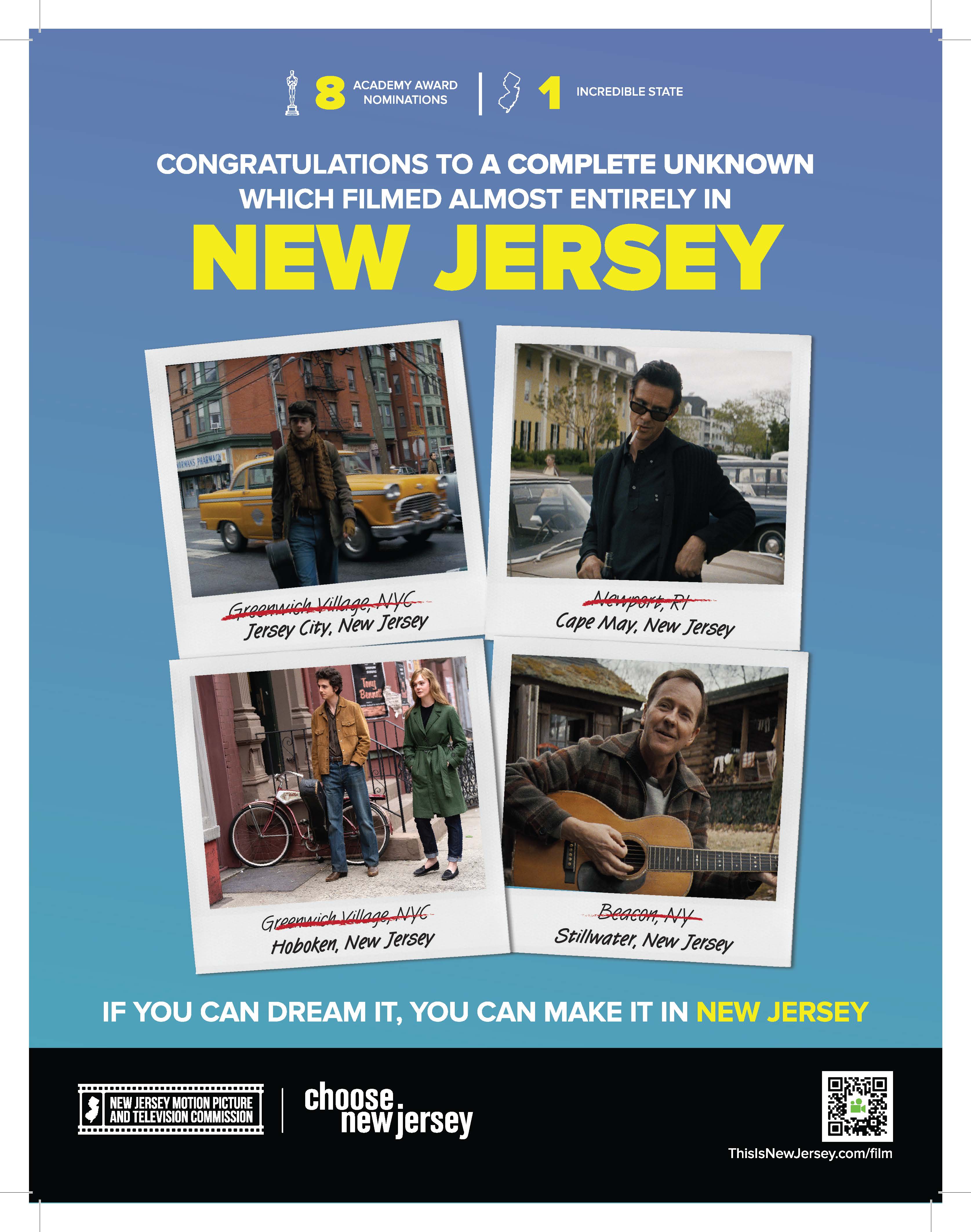 Congratulations to A Complete Unknown which filmed almost entirely in New Jersey. Jersey City, NJ - Cape May, NJ - Hoboken, NJ - Stillwater, NJ. If you can dream it, you can make it in New Jersey