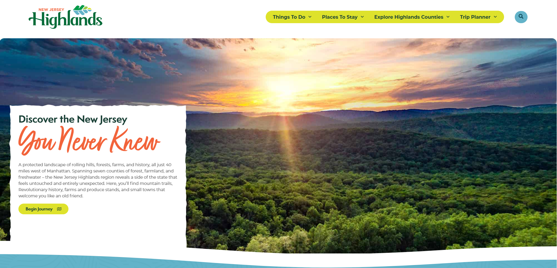A screen Capture of the New Jersey Highlands region tourism website