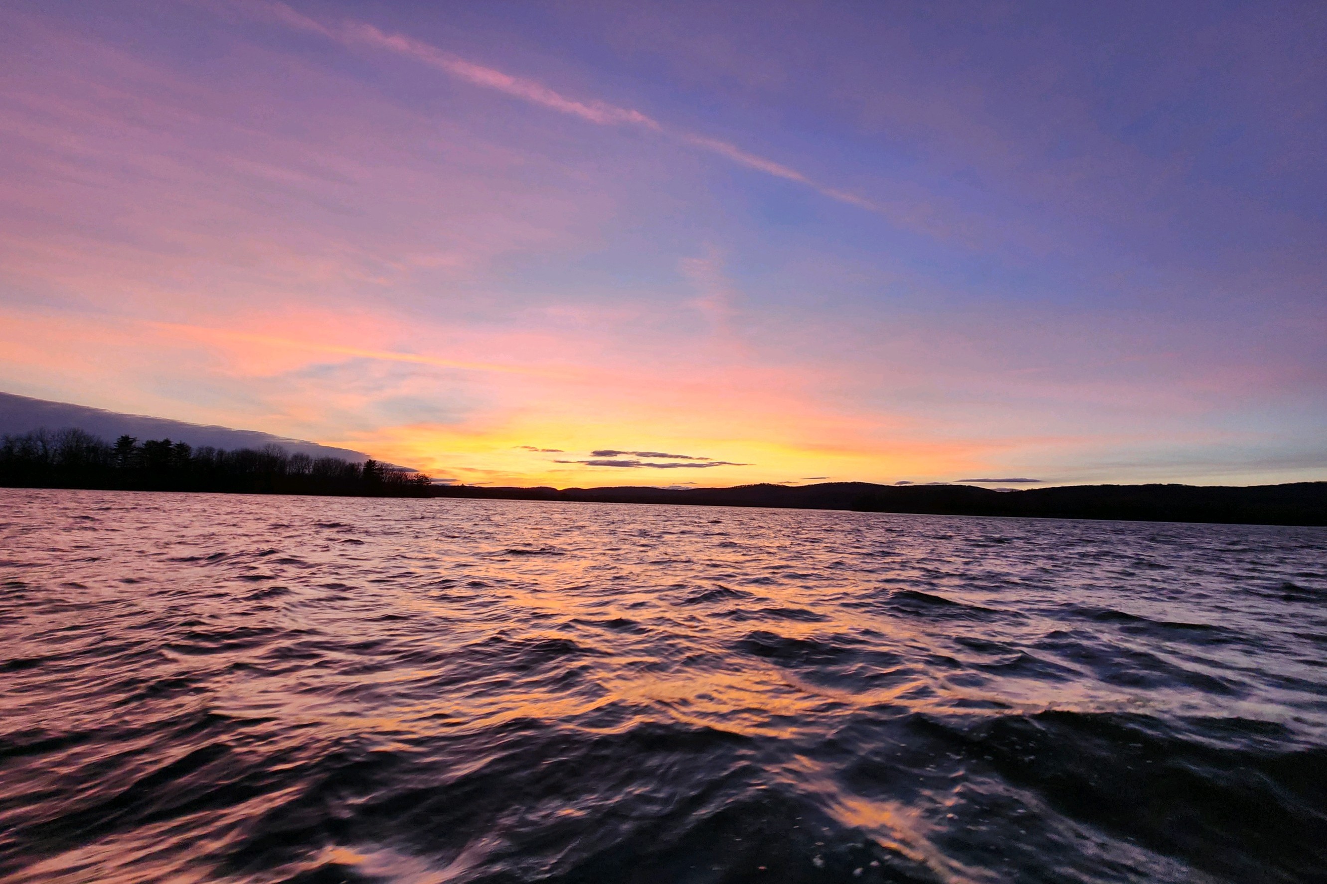 spruce run at sunset, purple, yellow, organge sky