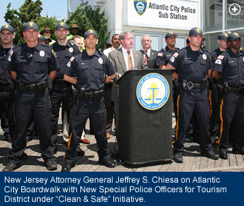 New Jersey Attorney General Jeffrey S. Chiesa on Atlantic City Boardwalk with New Special Police Officers for Tourism District under “Clean & Safe” Initiative