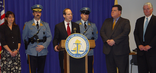 Attorney General Rabner announces official misconduct/bribery charges filed against Mayor John "Mack" Lake of Carney's Point. Pictured from left to right: Supervising Deputy Attorney General Susan Kase, NJ State Police Captain William Toms, Attorney General Rabner, Detective Sargeant Gary Sandes, Criminal Justice Director Gregory A. Paw, and Salem County Prosecutor John T. Lenahan.