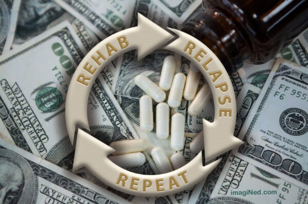 image of money with three arrows in a circle with the words Rehab, Relapse and Repeat