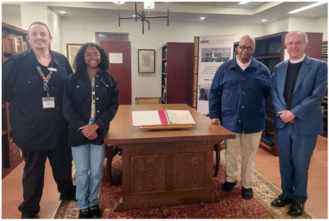 Archivist Denton Waits, from left, archives assistant Kayla Floyd, Riley Temple and the Very Rev. Ian S.Markham pose with a newly discovered draft of Martin Luther King Jr.’s “Letter from Birmingham Jail”at Bishop Payne Library on the campus of Virginia Theological Seminary in Alexandria, Virginia. Photo:Adelle M. Banks/Religion News Service Archivist Denton Waits, from left, archives assistant Kayla Floyd, Riley Temple and the Very Rev. Ian S.Markham pose with a newly discovered draft of Martin Luther King Jr.’s “Letter from Birmingham Jail”at Bishop Payne Library on the campus of Virginia Theological Seminary in Alexandria, Virginia. Photo:Adelle M. Banks/Religion News Service