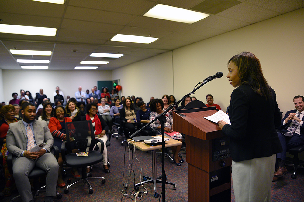Secretary of State Tahesha Way speaking at the Black History Month Program at the Division of Consumer Affairs.