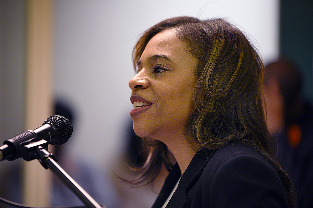 Secretary of State Tahesha Way speaking at the Black History Month Program at the Division of Consumer Affairs.