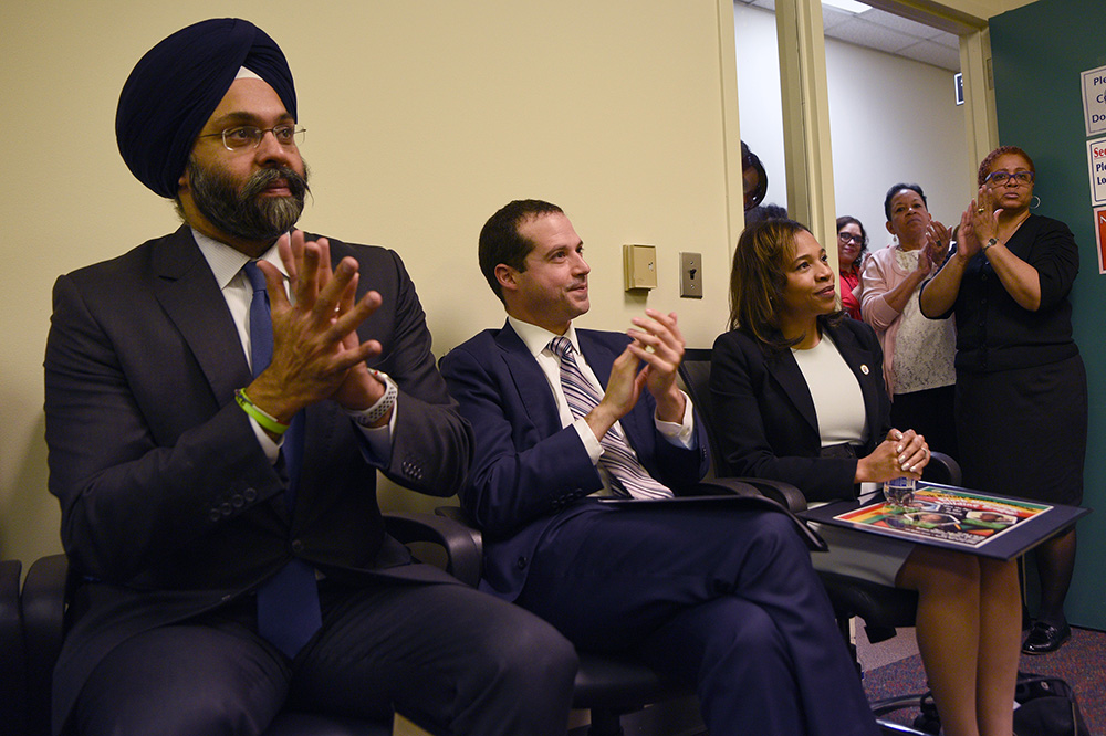 Secretary of State Tahesha Way with AG Gurbir Grewel and Acting Director of Consumer Affairs Paul Rodriguez.