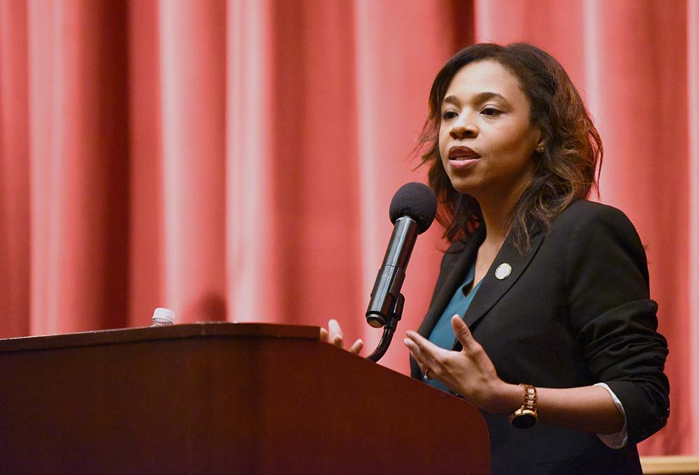 Secretary of State Tahesha Way speaks at Wayne Hills High School