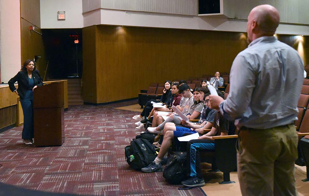 Secretary of State Tahesha Way speaks at Wayne Hills High School